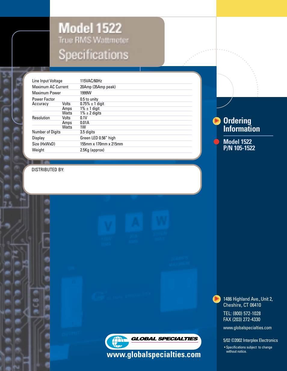 Ordering information | Global Specialties 1522 - Data Sheet User Manual | Page 2 / 2