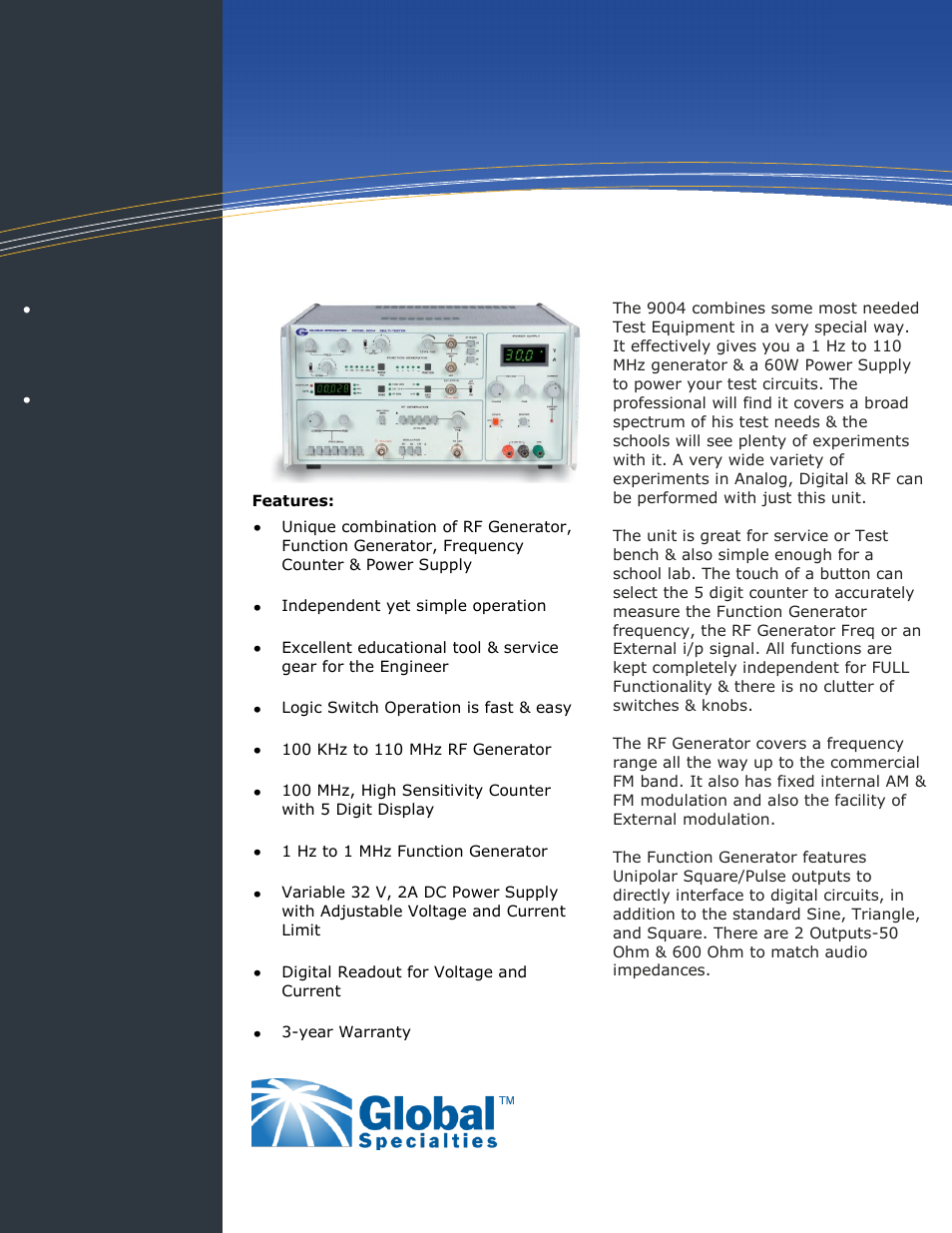 Global Specialties 9004 - Data Sheet User Manual | 2 pages