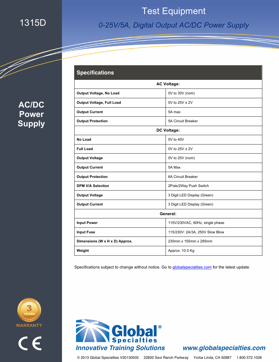 1315d, Test equipment, Ac/dc power supply | 25v/5a, digital output ac/dc power supply, Specifications | Global Specialties 1315D - Data Sheet User Manual | Page 2 / 2