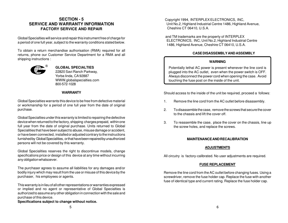Global Specialties 1505 User Manual | Page 8 / 8