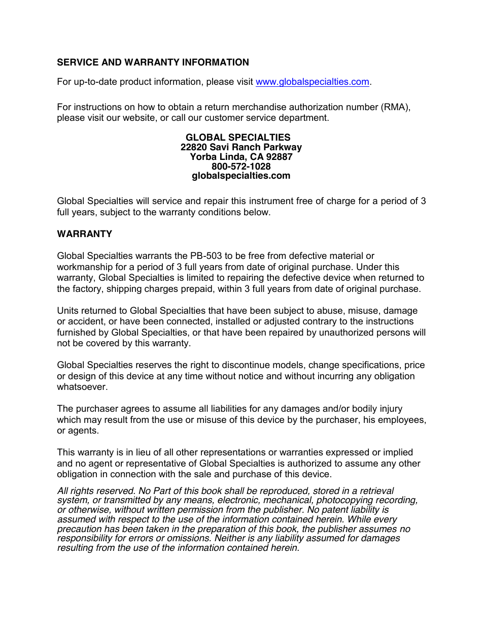 Global Specialties 1506 User Manual | Page 13 / 13