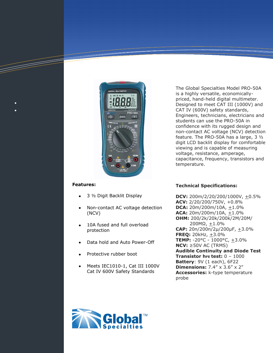 Global Specialties PRO-50A - Data Sheet User Manual | 1 page