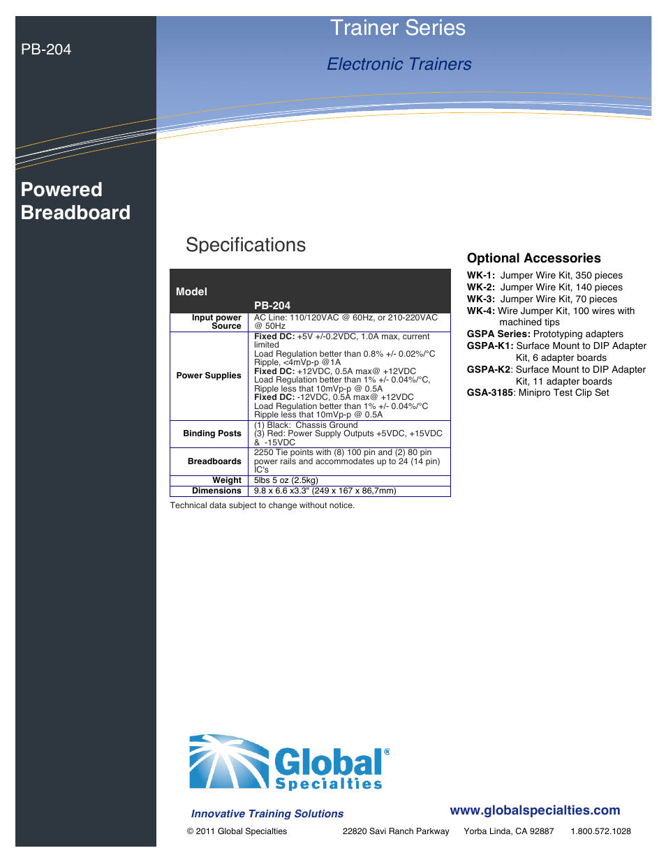 Trainer series, Specifications, Powered breadboard | Electronic trainers, Pb-204 | Global Specialties PB-204 - Data Sheet User Manual | Page 2 / 2