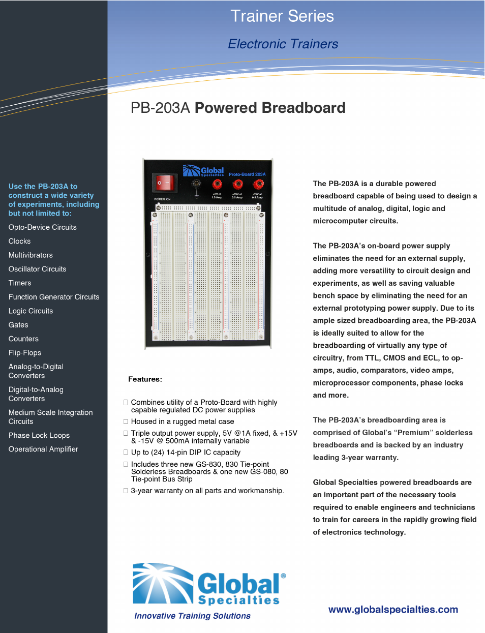 Global Specialties PB-203A - Data Sheet User Manual | 2 pages