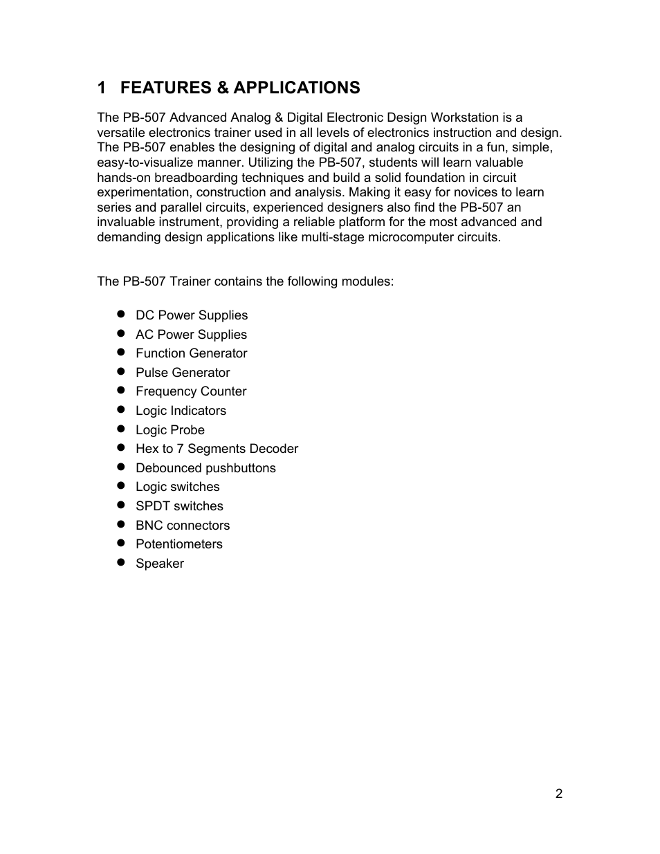 1 features & applications | Global Specialties PB-507 - Manual User Manual | Page 2 / 44