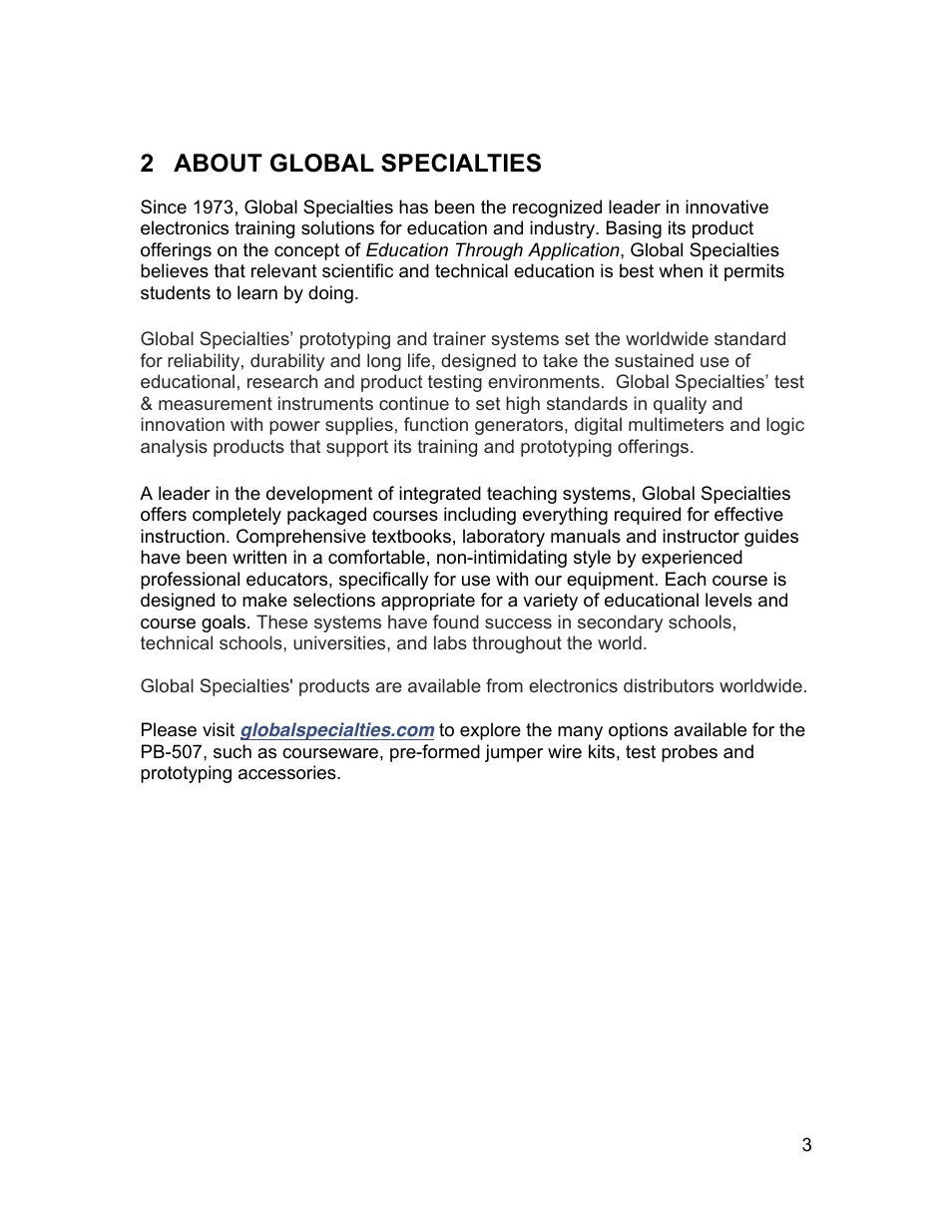 2 about global specialties | Global Specialties PB-507 - Manual User Manual | Page 3 / 44