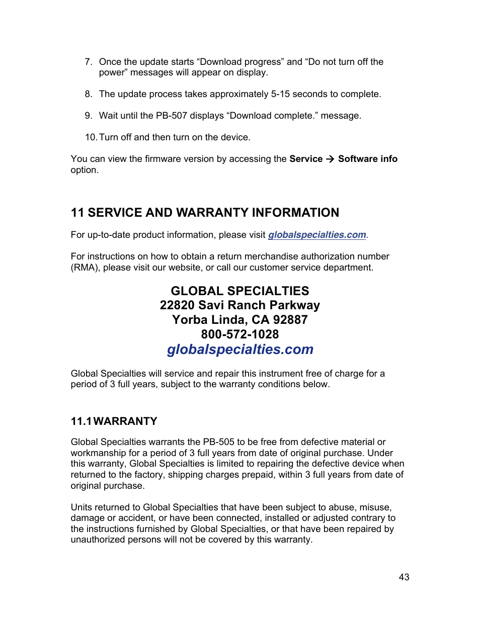 11 service and warranty information | Global Specialties PB-507 - Manual User Manual | Page 43 / 44