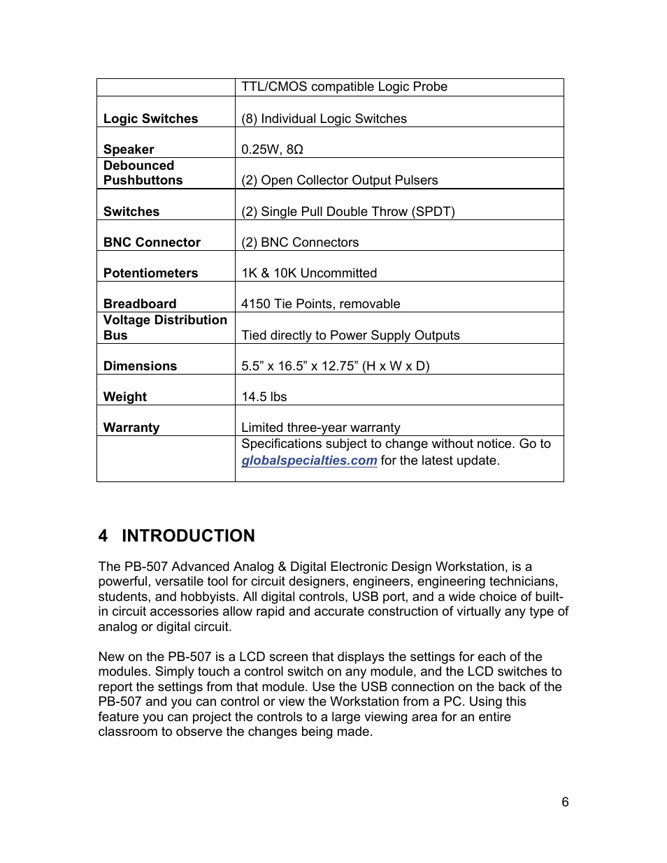 4 introduction | Global Specialties PB-507 - Manual User Manual | Page 6 / 44