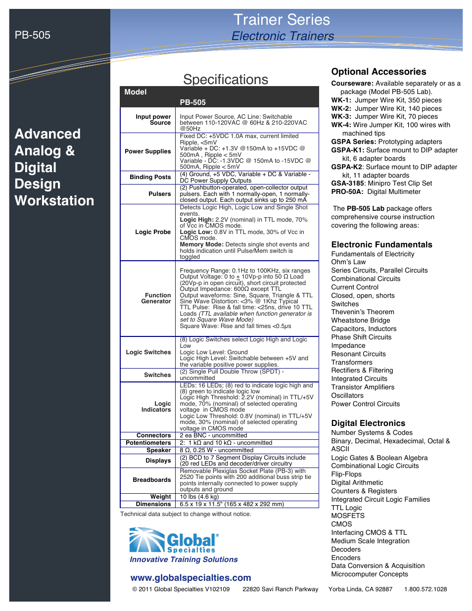 Trainer series, Specifications, Advanced analog & digital design workstation | Electronic trainers, Pb-505, Optional accessories | Global Specialties PB-505 - Data Sheet User Manual | Page 2 / 2