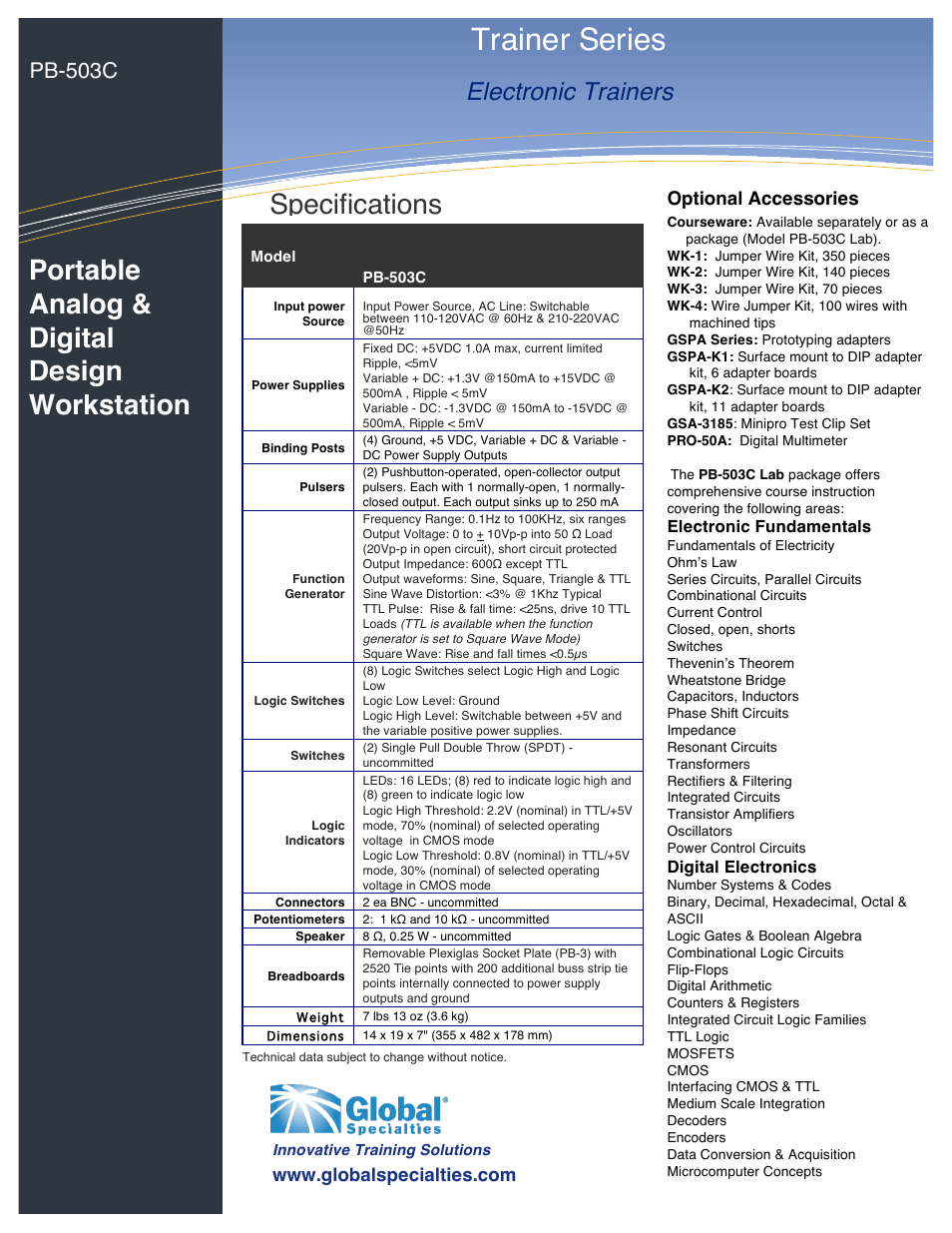 Trainer series, Specifications, Portable analog & digital design workstation | Electronic trainers, Pb-503c, Optional accessories | Global Specialties PB-503C - Data Sheet User Manual | Page 2 / 2