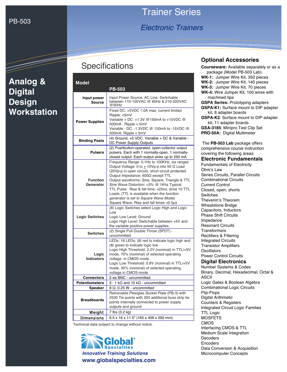 Trainer series, Specifications, Analog & digital design workstation | Electronic trainers, Pb-503, Optional accessories | Global Specialties PB-503 - Data Sheet User Manual | Page 2 / 2