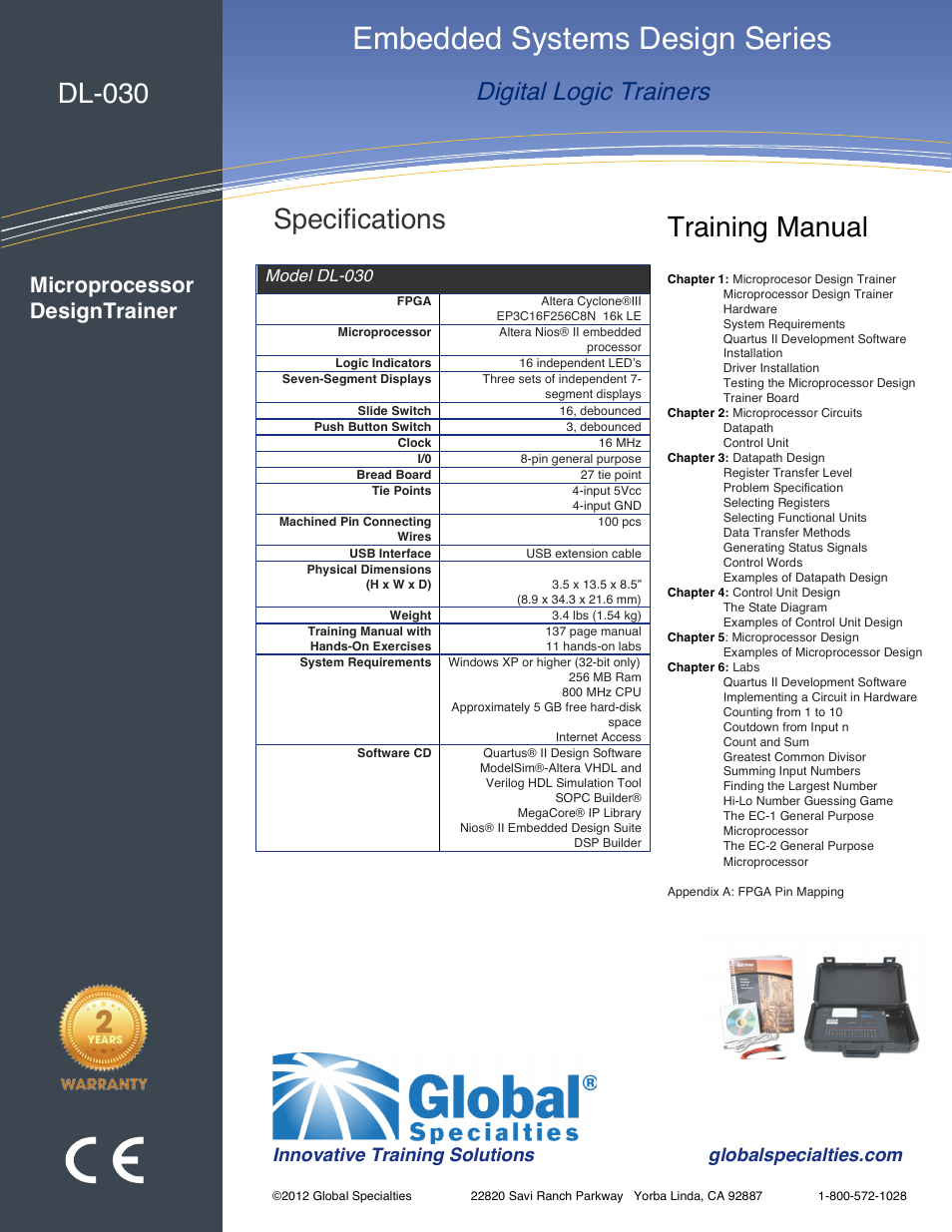 Embedded systems design series, Analog & digital design workstation, Specifications | Training manual, Dl-030, Digital logic trainers, Microprocessor designtrainer | Global Specialties DL-030 User Manual | Page 2 / 2