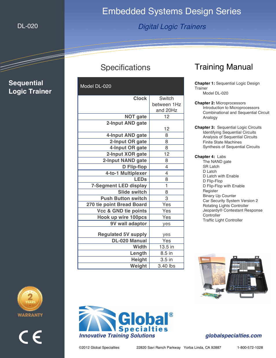 Embedded systems design series, Analog & digital design workstation, Specifications | Training manual, Digital logic trainers, Sequential logic trainer, Dl-020 | Global Specialties DL-020 User Manual | Page 2 / 2