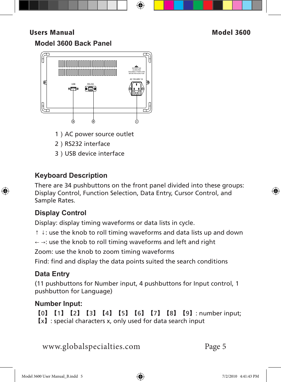 Users manual model 3600, Model 3600 back panel, Keyboard description | Display control, Data entry, Number input | Global Specialties 3600 User Manual | Page 10 / 37