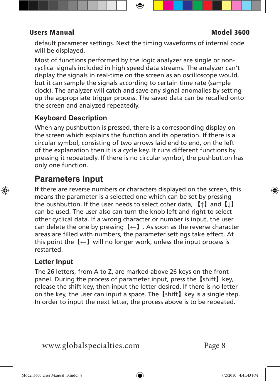 Parameters input | Global Specialties 3600 User Manual | Page 13 / 37