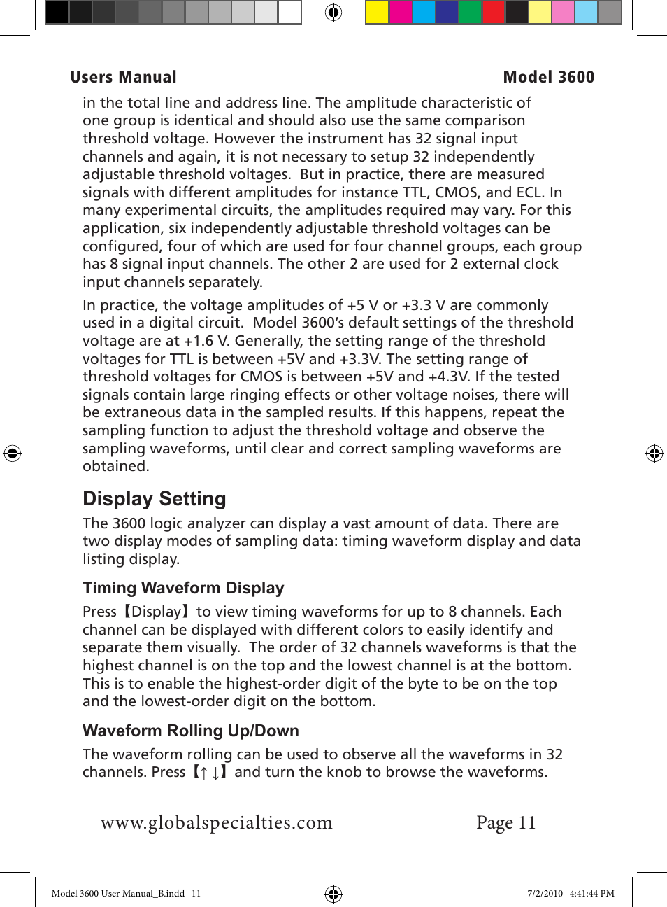 Display setting | Global Specialties 3600 User Manual | Page 16 / 37