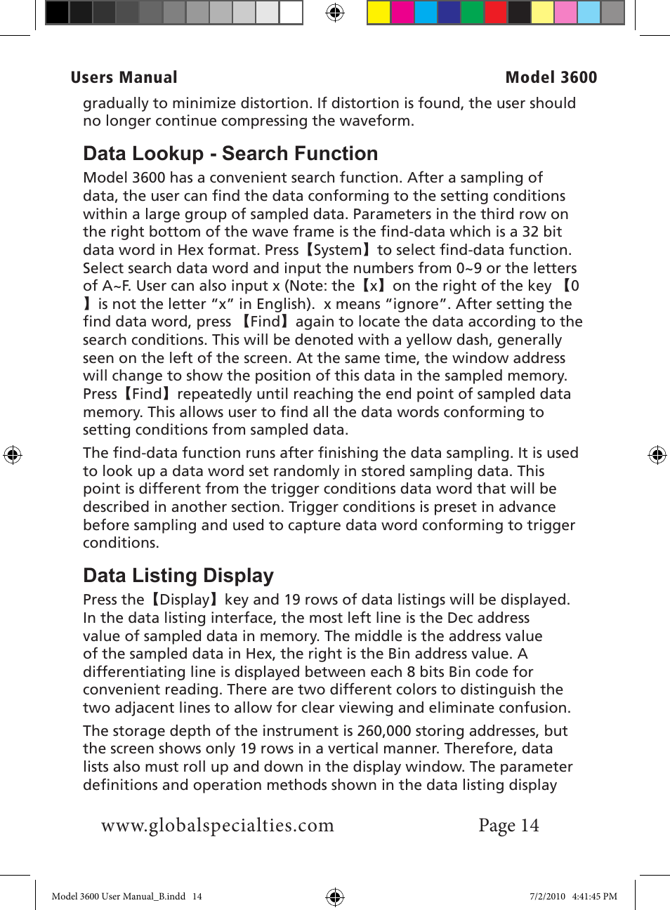 Data lookup - search function, Data listing display | Global Specialties 3600 User Manual | Page 19 / 37