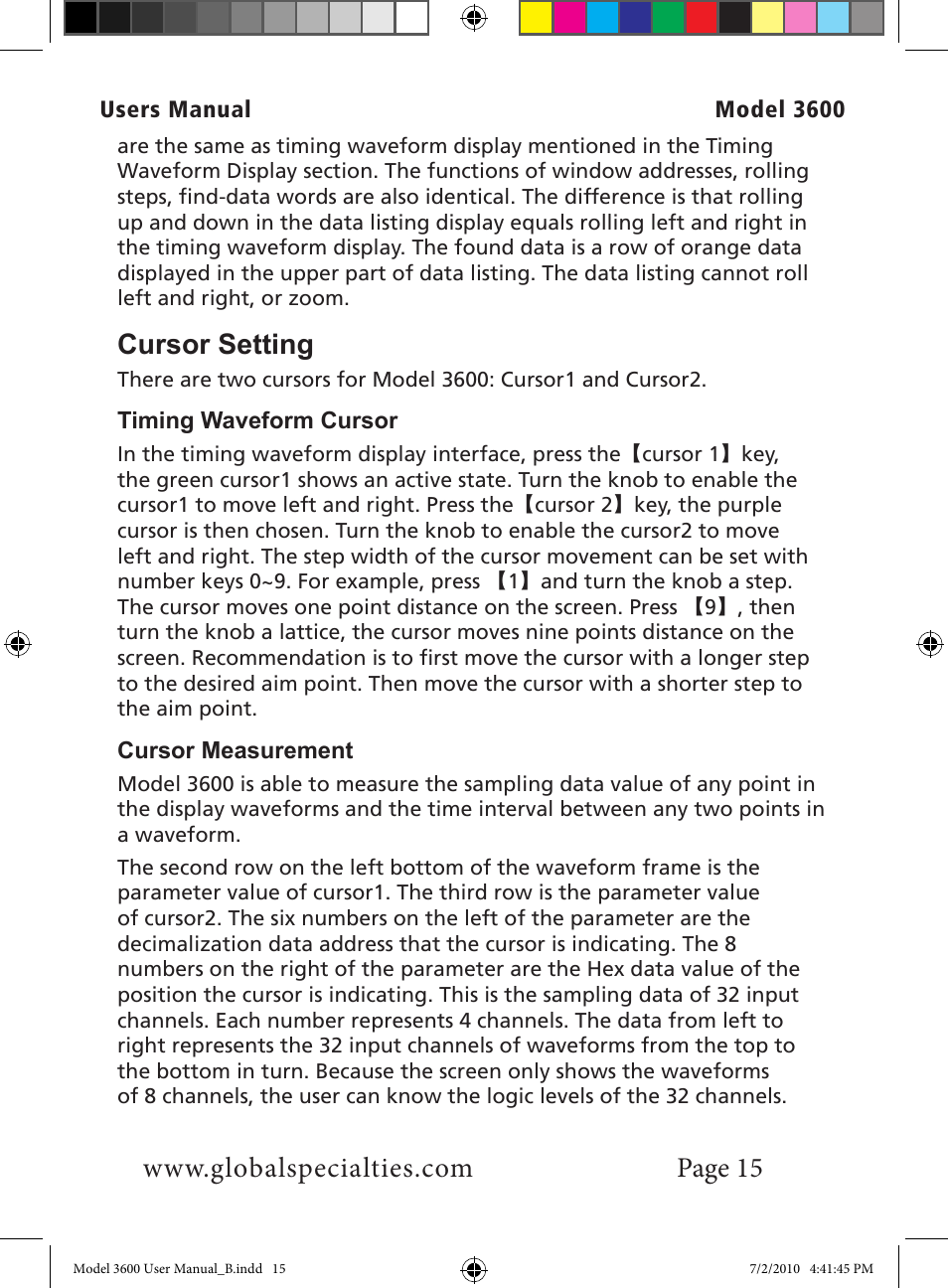 Cursor setting | Global Specialties 3600 User Manual | Page 20 / 37