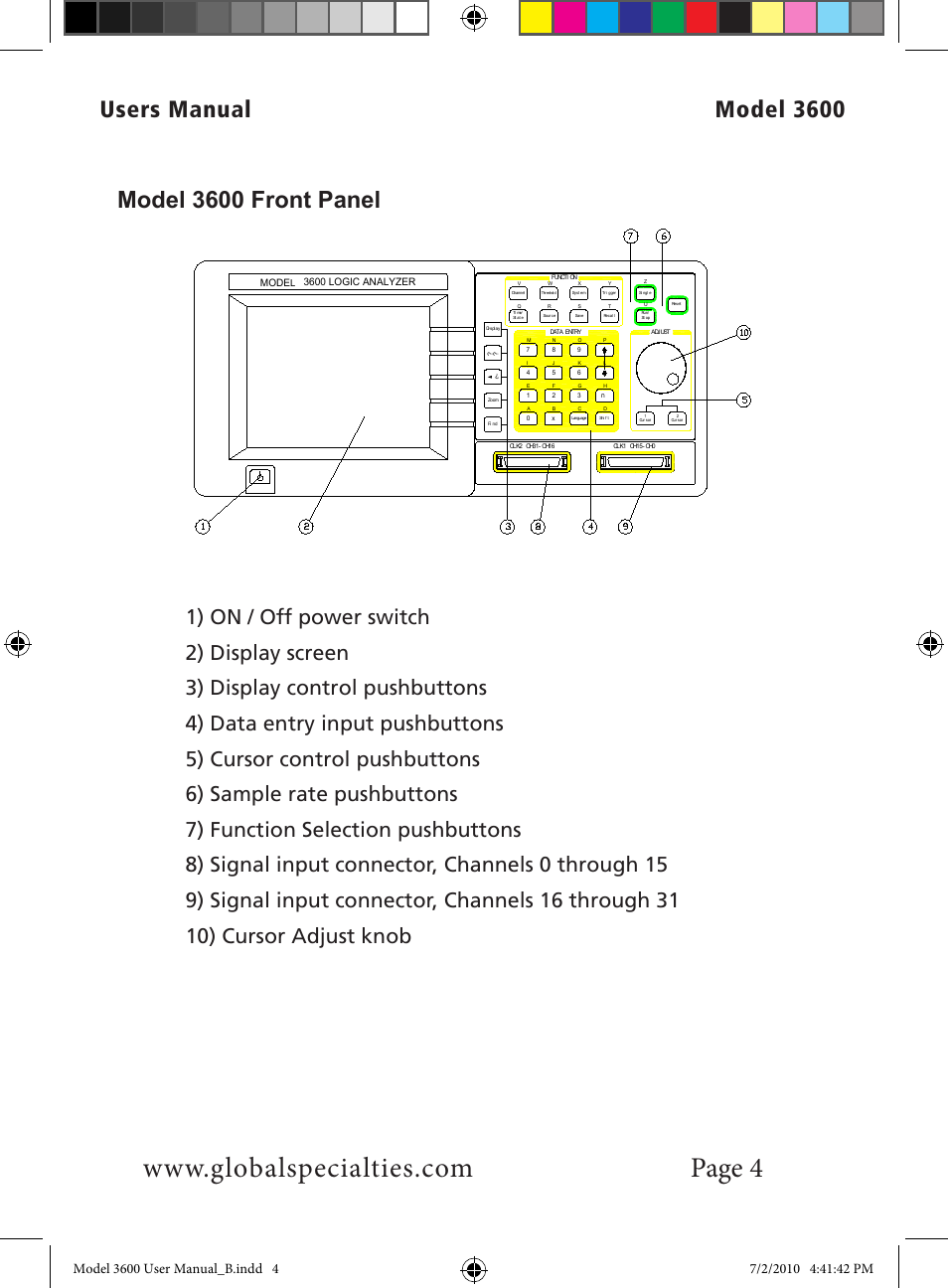 Users manual model 3600, Model 3600 front panel, 3600 logic analyzer mode | Global Specialties 3600 User Manual | Page 9 / 37