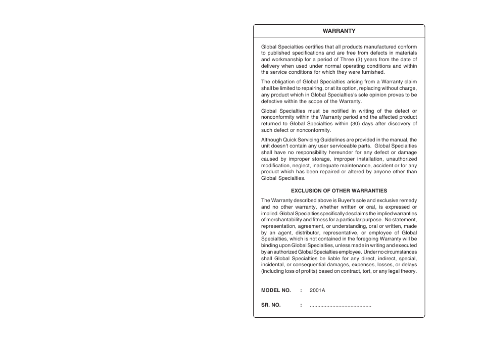 Global Specialties 2001A User Manual | Page 2 / 11