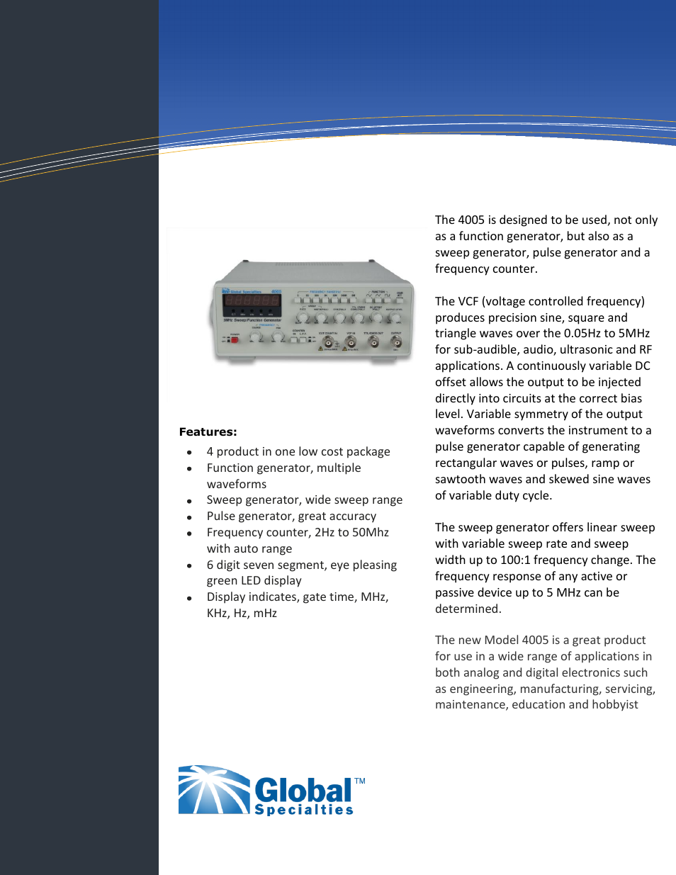 Global Specialties 4005 - Data Sheet User Manual | 3 pages