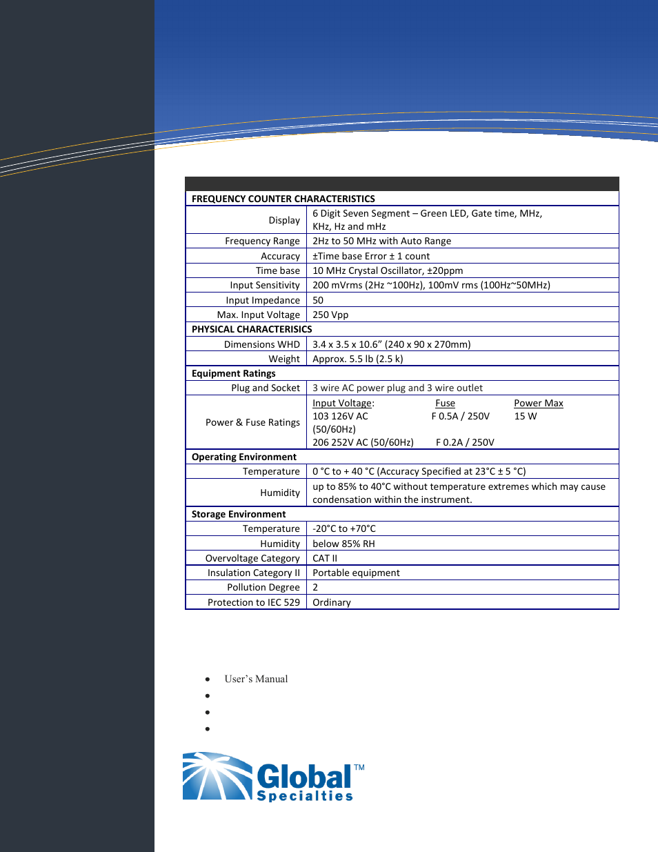 Test equipment, Specifications | Global Specialties 4005 - Data Sheet User Manual | Page 3 / 3