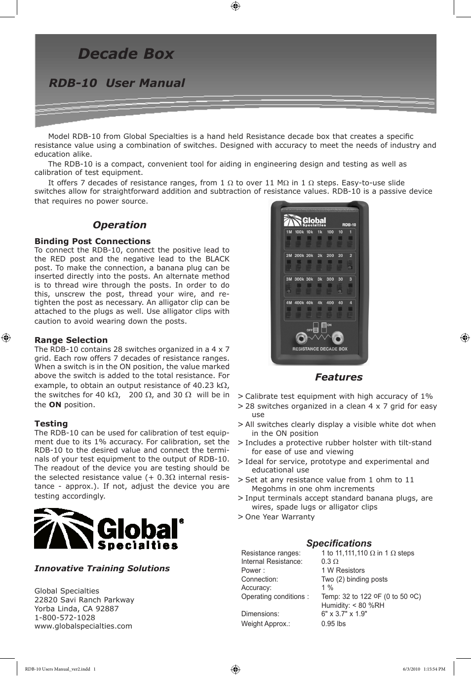 Global Specialties RDB-10 - Manual User Manual | 1 page