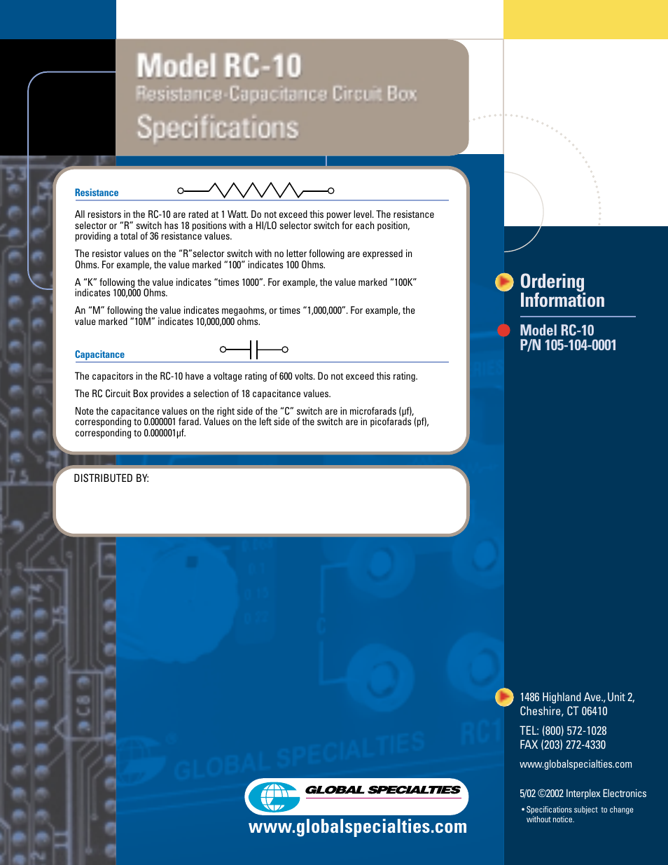 Ordering information | Global Specialties RC-10 - Data Sheet User Manual | Page 2 / 2