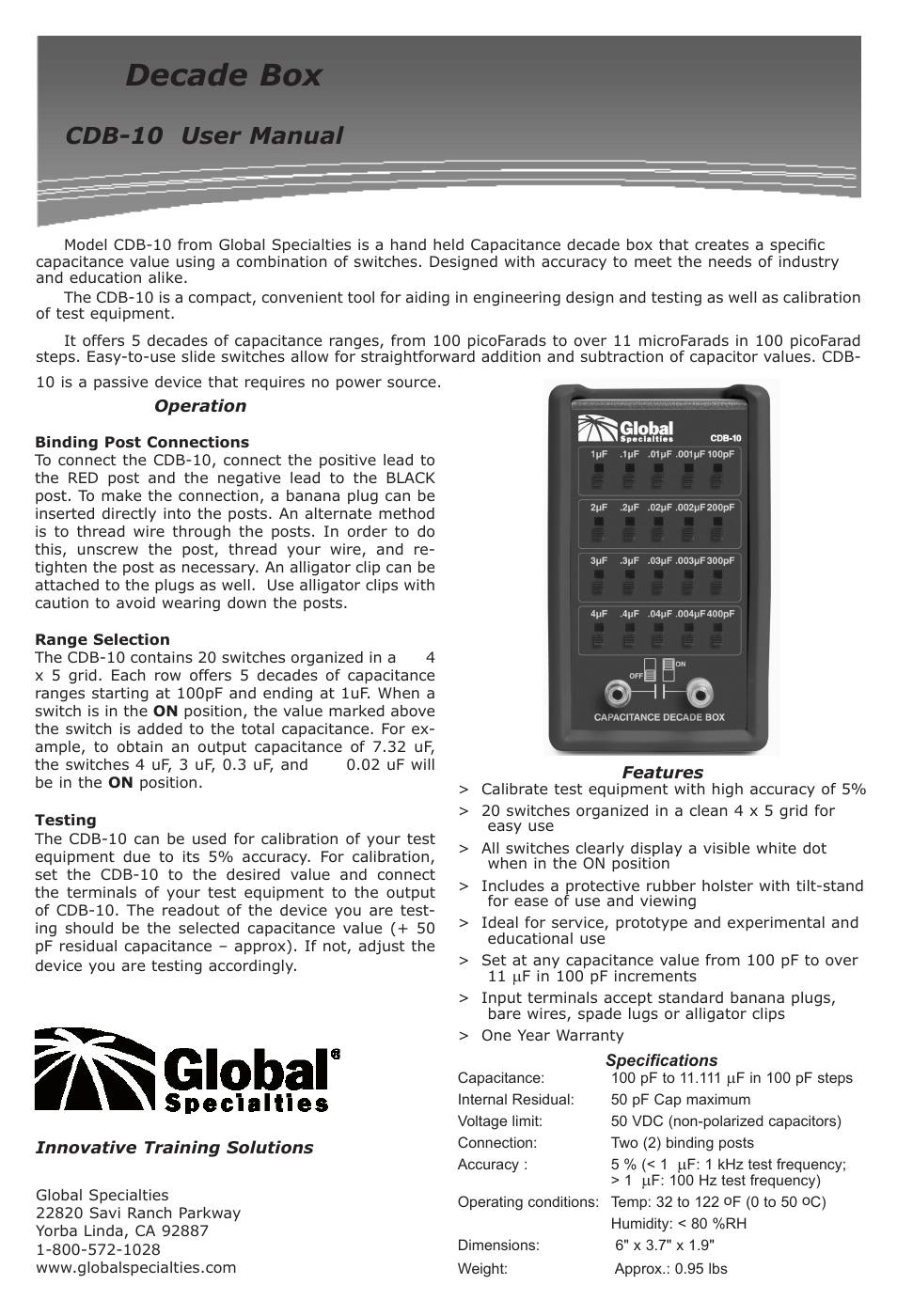 Global Specialties CDB-10 - Manual User Manual | 1 page