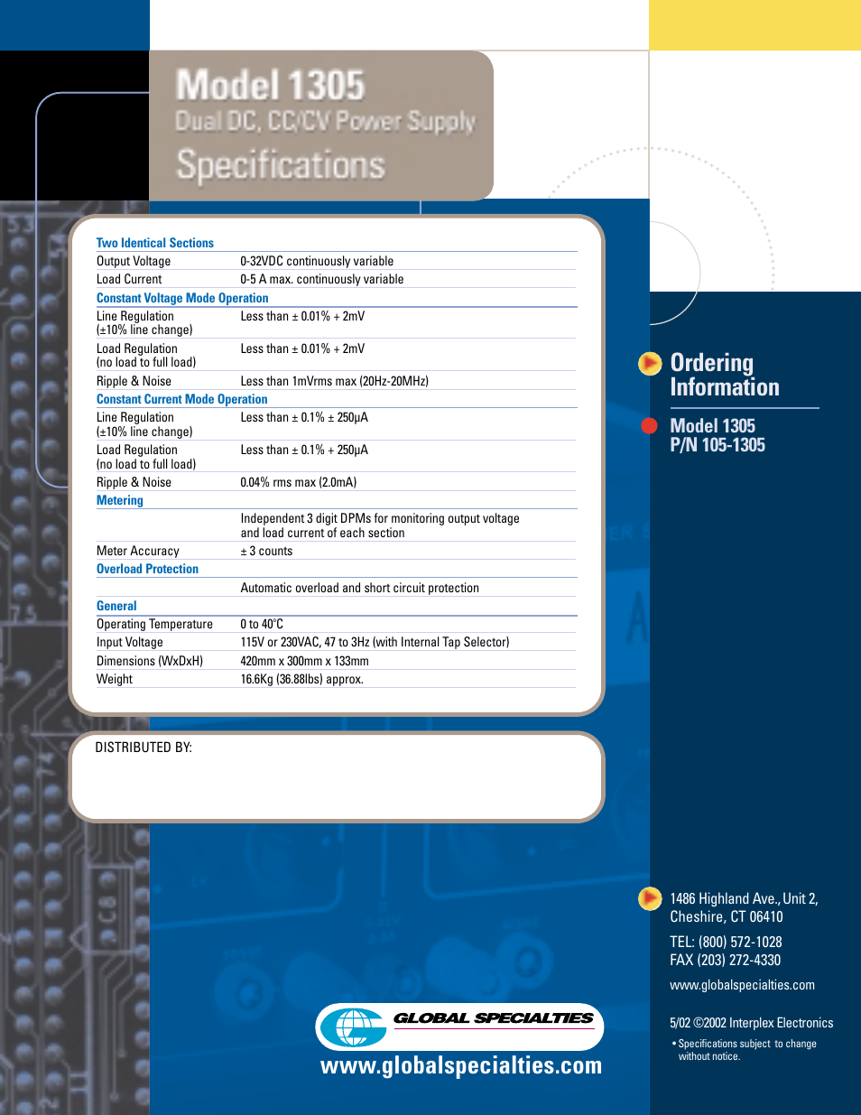 Ordering information | Global Specialties 1305 - Data Sheet User Manual | Page 2 / 2