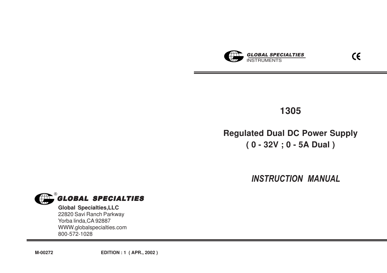Global Specialties 1305 - Manual User Manual | 9 pages