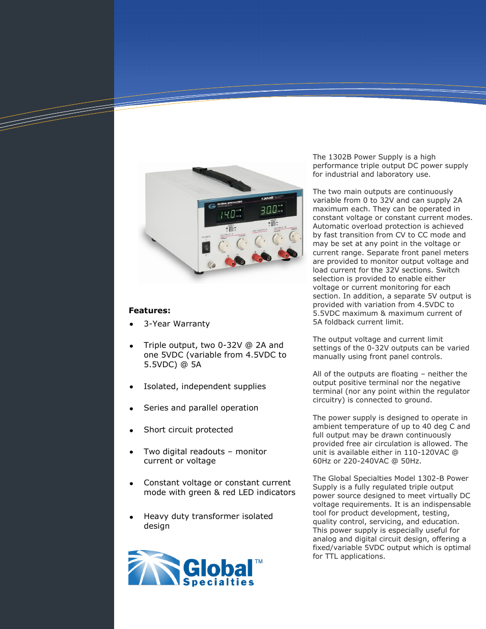 Global Specialties 1302B - Data Sheet User Manual | 2 pages