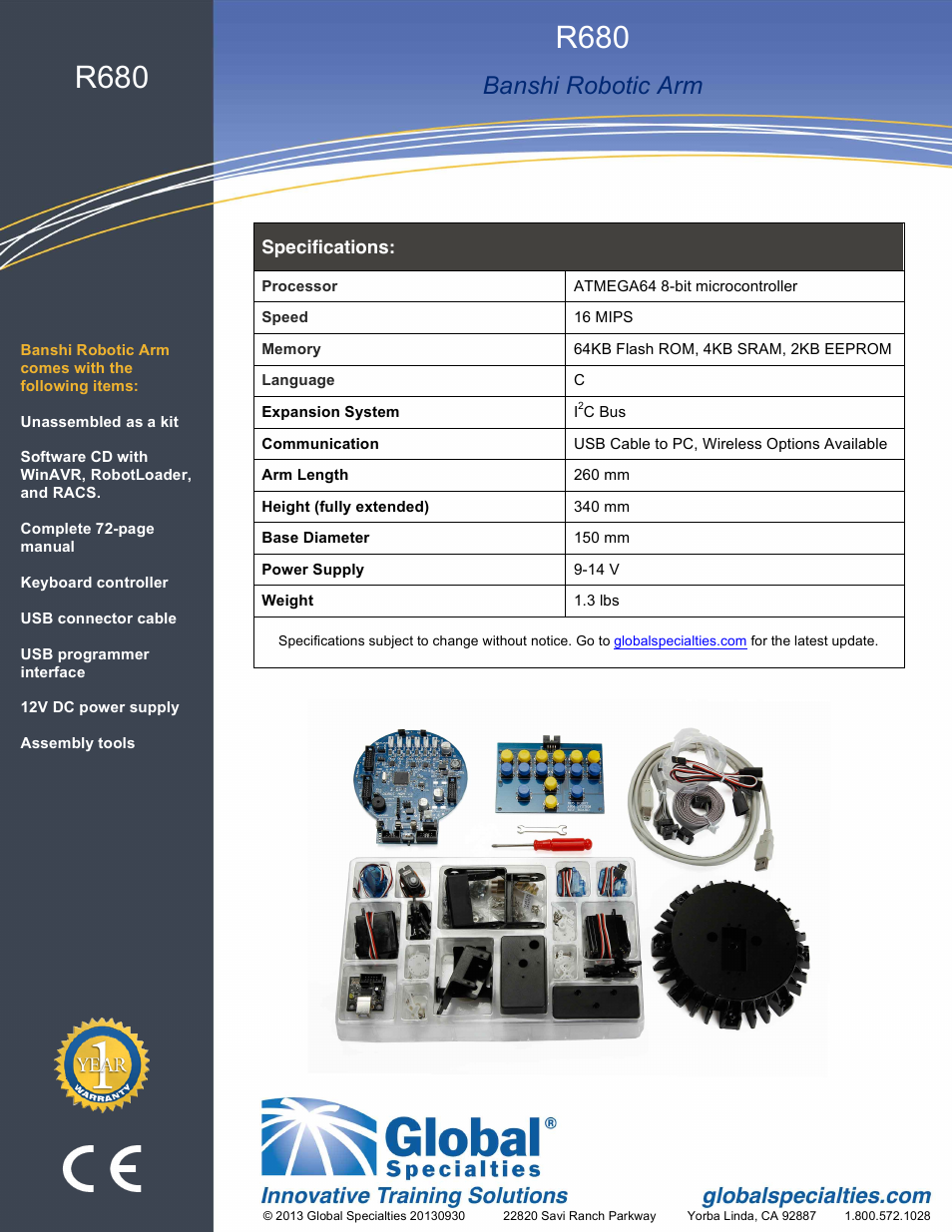 R680, Banshi robotic arm | Global Specialties R680 User Manual | Page 2 / 2