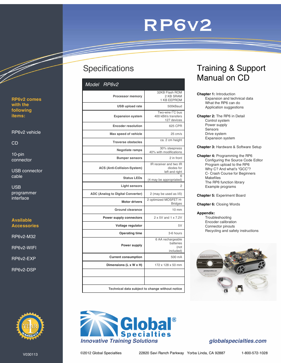 Rp6v2, Specifications, Training & support manual on cd | Model rp6v2 | Global Specialties RP6V2 User Manual | Page 2 / 2