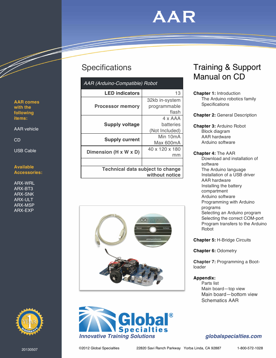 Specifications, Training & support manual on cd | Global Specialties AAR User Manual | Page 2 / 2