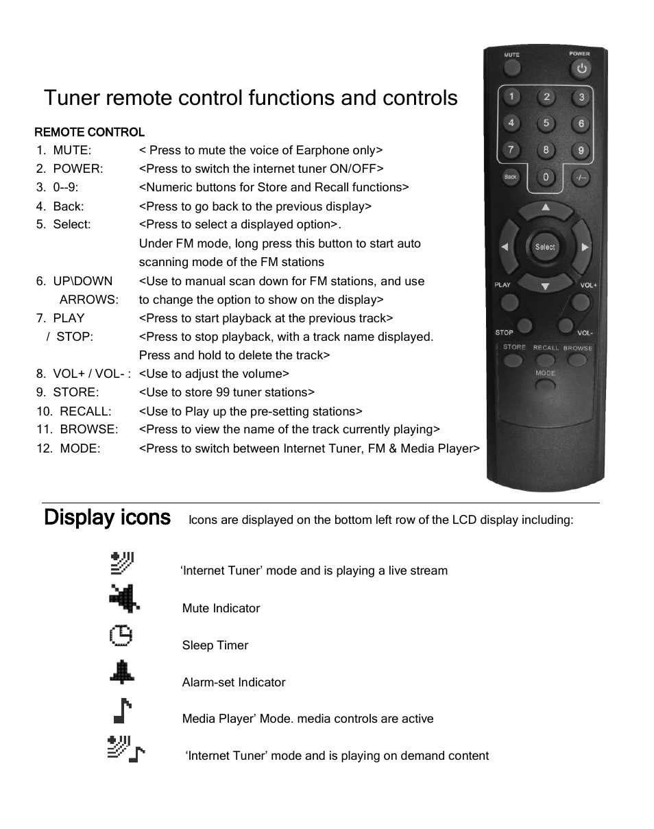 Tuner remote control functions and controls, Display icons | Grace Digital GDI-IRDT200 Tuner User Manual | Page 10 / 41
