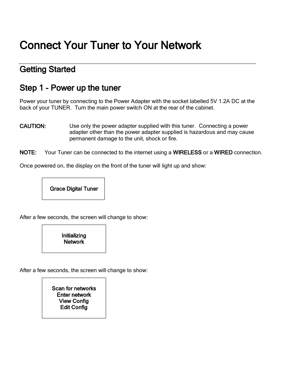 Connect your tuner to your network, Getting started, Step 1 - power up the tuner | Grace Digital GDI-IRDT200 Tuner User Manual | Page 11 / 41