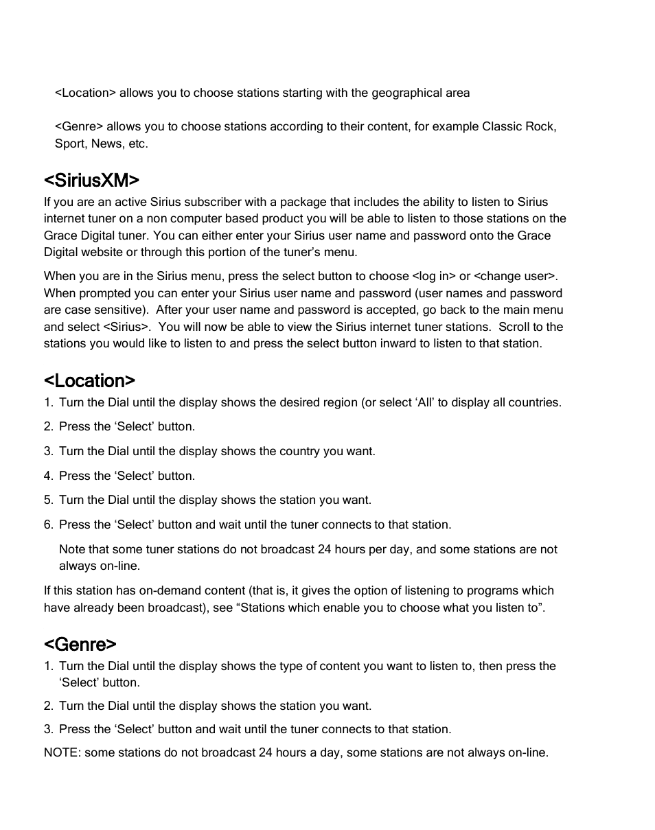 Siriusxm, Location, Genre | Grace Digital GDI-IRDT200 Tuner User Manual | Page 18 / 41