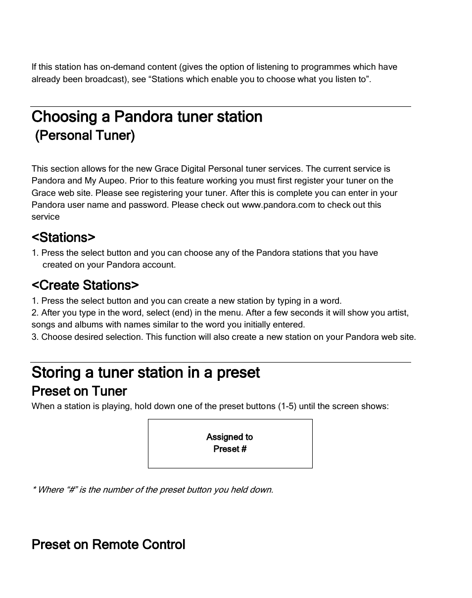 Choosing a pandora tuner station, Storing a tuner station in a preset, Personal tuner) | Stations, Create stations, Preset on tuner, Preset on remote control | Grace Digital GDI-IRDT200 Tuner User Manual | Page 19 / 41