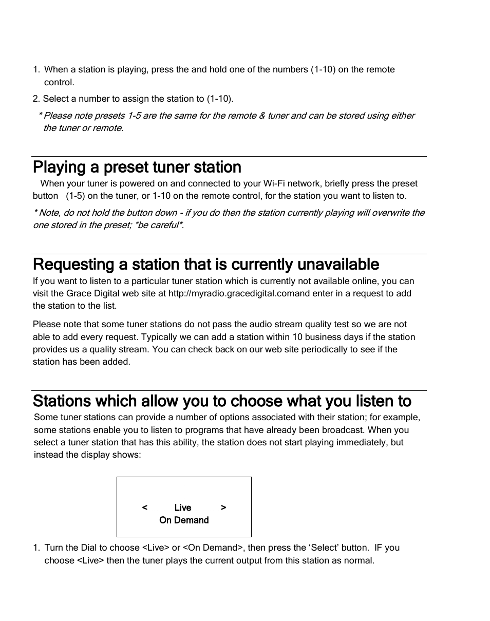 Playing a preset tuner station, Requesting a station that is currently unavailable | Grace Digital GDI-IRDT200 Tuner User Manual | Page 20 / 41