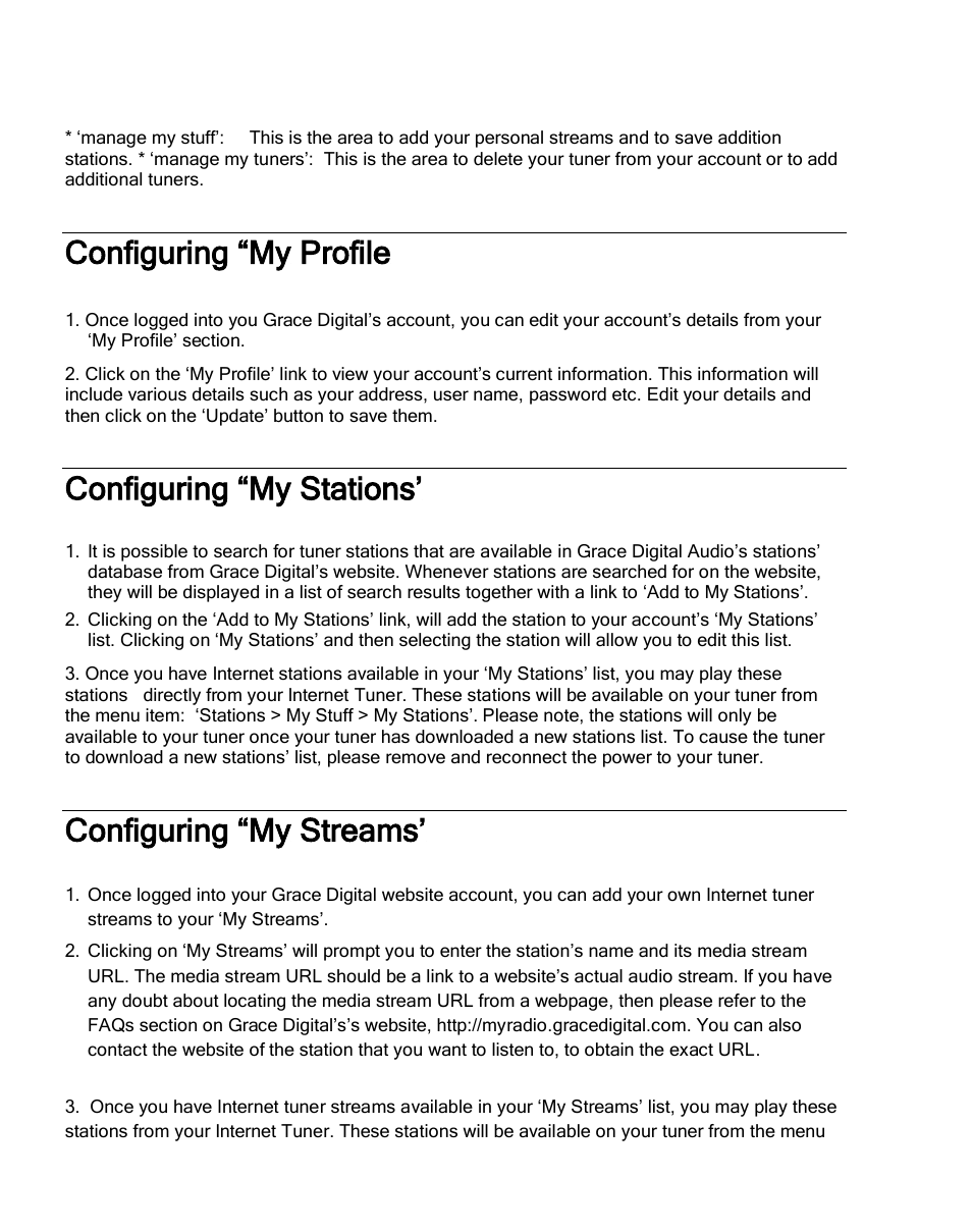 Configuring “my profile, Configuring “my stations, Configuring “my streams | Grace Digital GDI-IRDT200 Tuner User Manual | Page 26 / 41