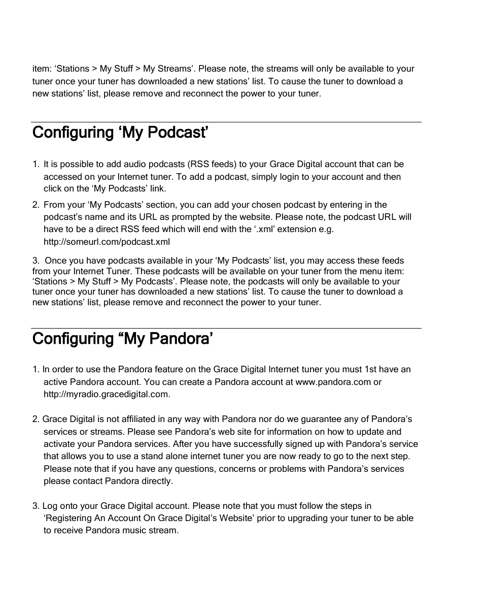 Configuring ‘my podcast, Configuring “my pandora | Grace Digital GDI-IRDT200 Tuner User Manual | Page 27 / 41