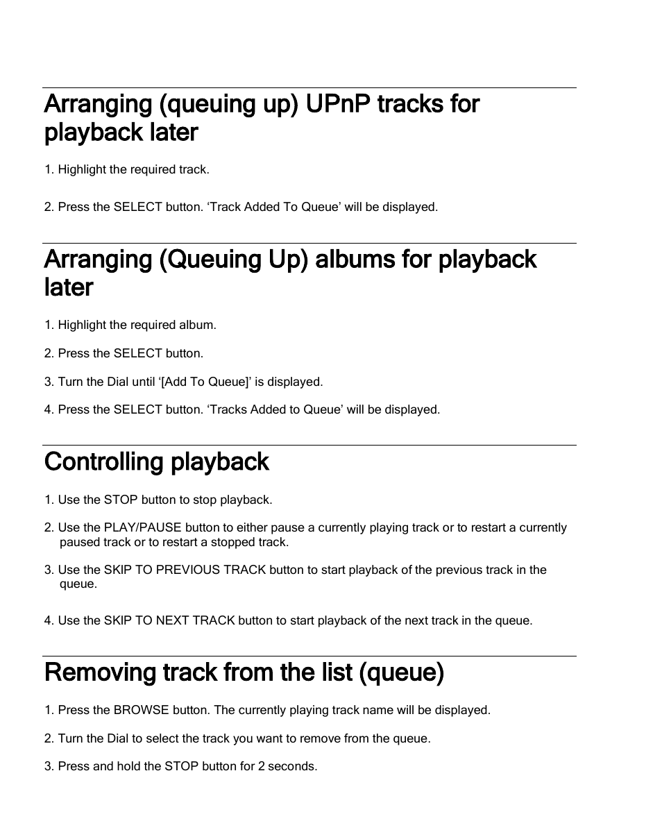 Arranging (queuing up) albums for playback later, Controlling playback, Removing track from the list (queue) | Grace Digital GDI-IRDT200 Tuner User Manual | Page 32 / 41