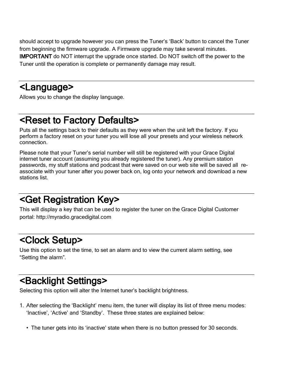 Language, Reset to factory defaults, Get registration key | Clock setup, Backlight settings | Grace Digital GDI-IRDT200 Tuner User Manual | Page 35 / 41