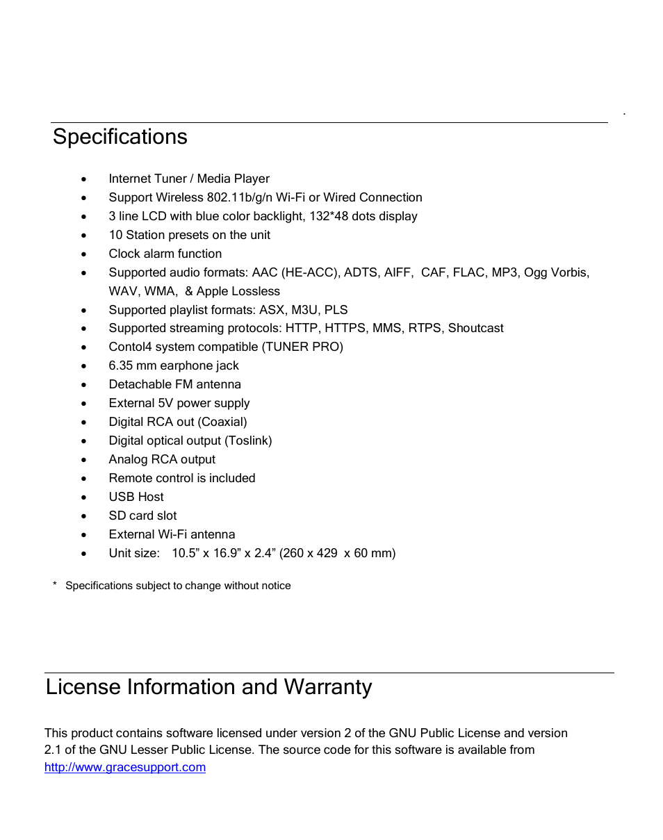 Specifications, License information and warranty | Grace Digital GDI-IRDT200 Tuner User Manual | Page 38 / 41