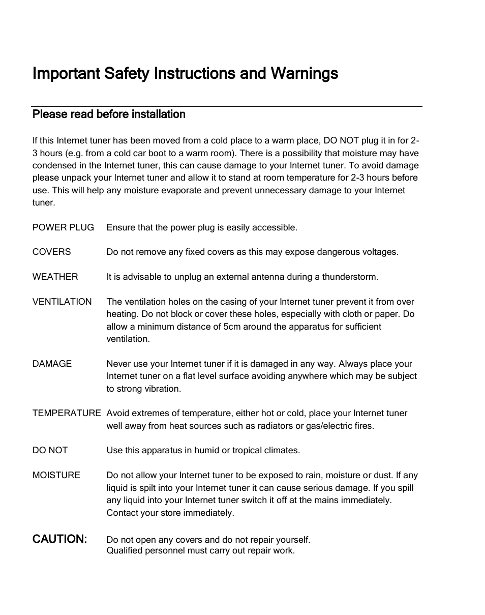 Important safety instructions and warnings | Grace Digital GDI-IRDT200 Tuner User Manual | Page 4 / 41