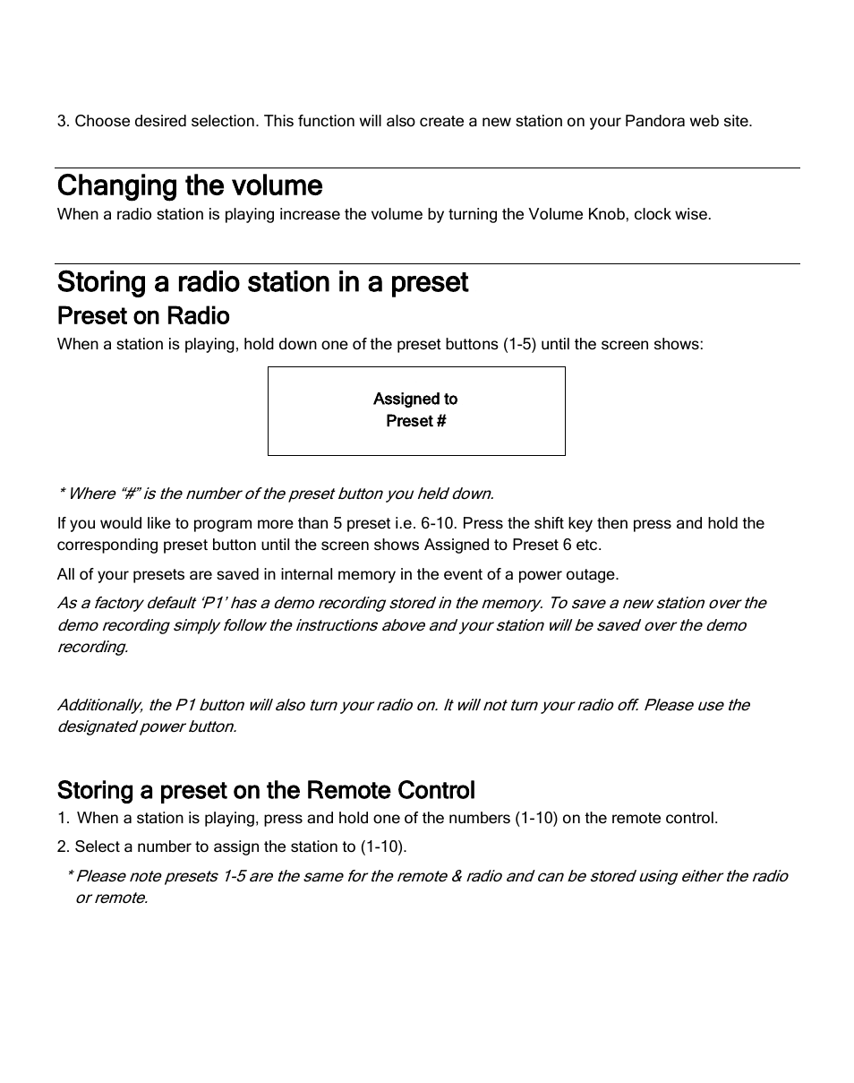 Changing the volume, Storing a radio station in a preset, Preset on radio | Storing a preset on the remote control | Grace Digital GDI-IRA500 Solo User Manual | Page 20 / 47
