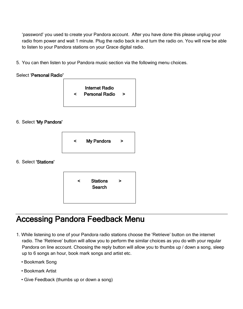 Accessing pandora feedback menu | Grace Digital GDI-IRA500 Solo User Manual | Page 29 / 47