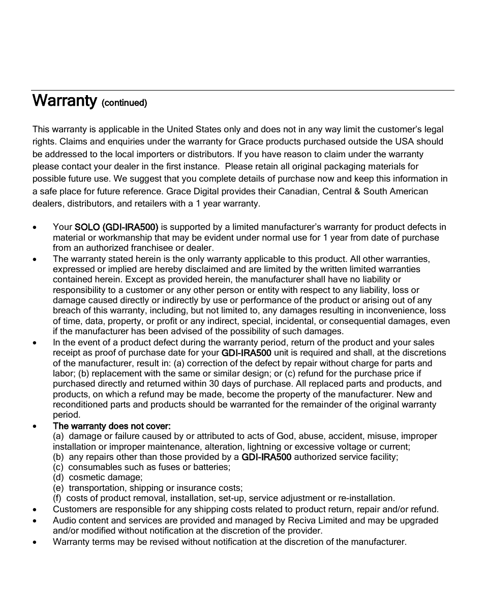 Warranty | Grace Digital GDI-IRA500 Solo User Manual | Page 46 / 47