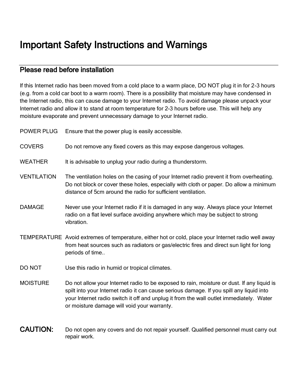 Important safety instructions and warnings | Grace Digital GDI-IRA500 Solo User Manual | Page 7 / 47